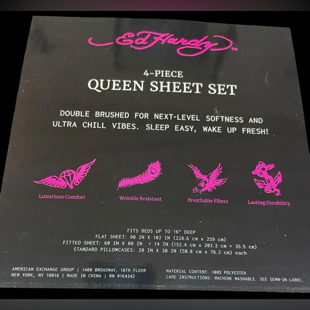 Ed Hardy Black White DP 4-pc Queen Sheet Set Tiger Skull Shark Bird Rose NEW NIP